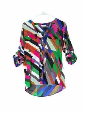 Calvin Klein Multi-Color Geometric Roll-Tab Sleeve Blouse